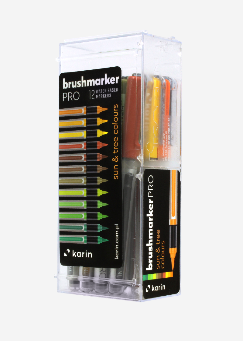 Karin Brushmarker PRO 12 Sun and Tree colors Set Transparent body with Ink-Free system, 2, 4 ml liquid color. No felt-tip marker