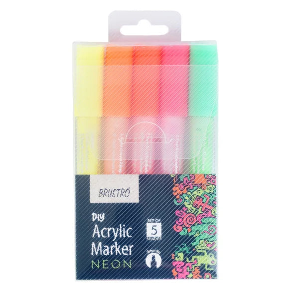 Brustro Acrylic (DIY) Marker Set of 5 (Fluorescent Shades) for Craftworks, School Projects, and Other Presentations