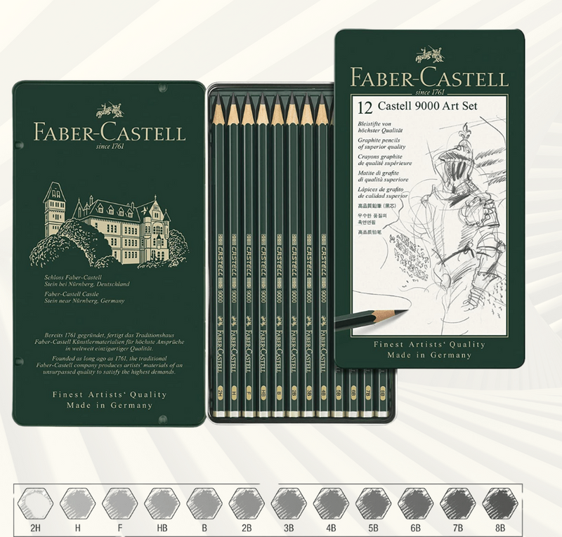 Faber-Castell 9000 Pencil Set - Pack of 12 - 2H, H, F, HB, B, 2B, 3B, 4B, 5B, 6B, 7B, 8B Pencils