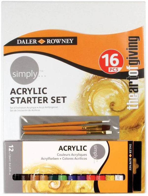 Daler-Rowney Simply 16Pcs Acrylic Starter Set with 3 Brushes & 1 Canvas (12 x 12ml Acrylic Color Tubes)