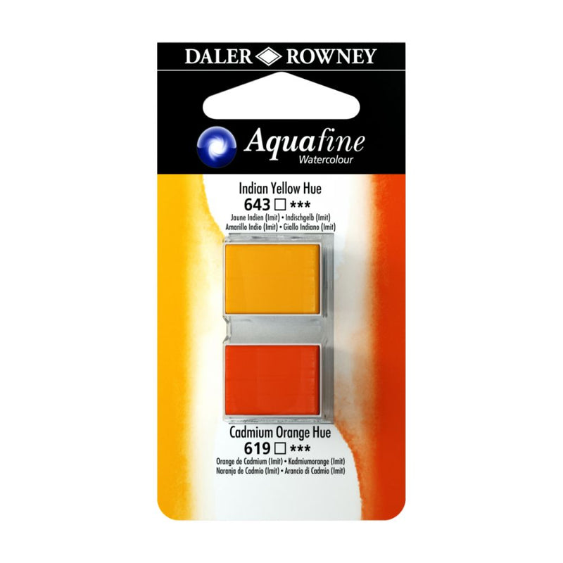 Daler-Rowney Aquafine Watercolour Blister pack (Half Pans, Indian Yellow Hue/Cadmium Orange Hue-003), Pack of 1